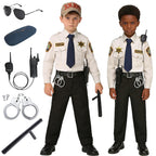 Kids Police Costume Set two boys modeling uniforms beside additional radio, eyewear, handcuff, and baton props.