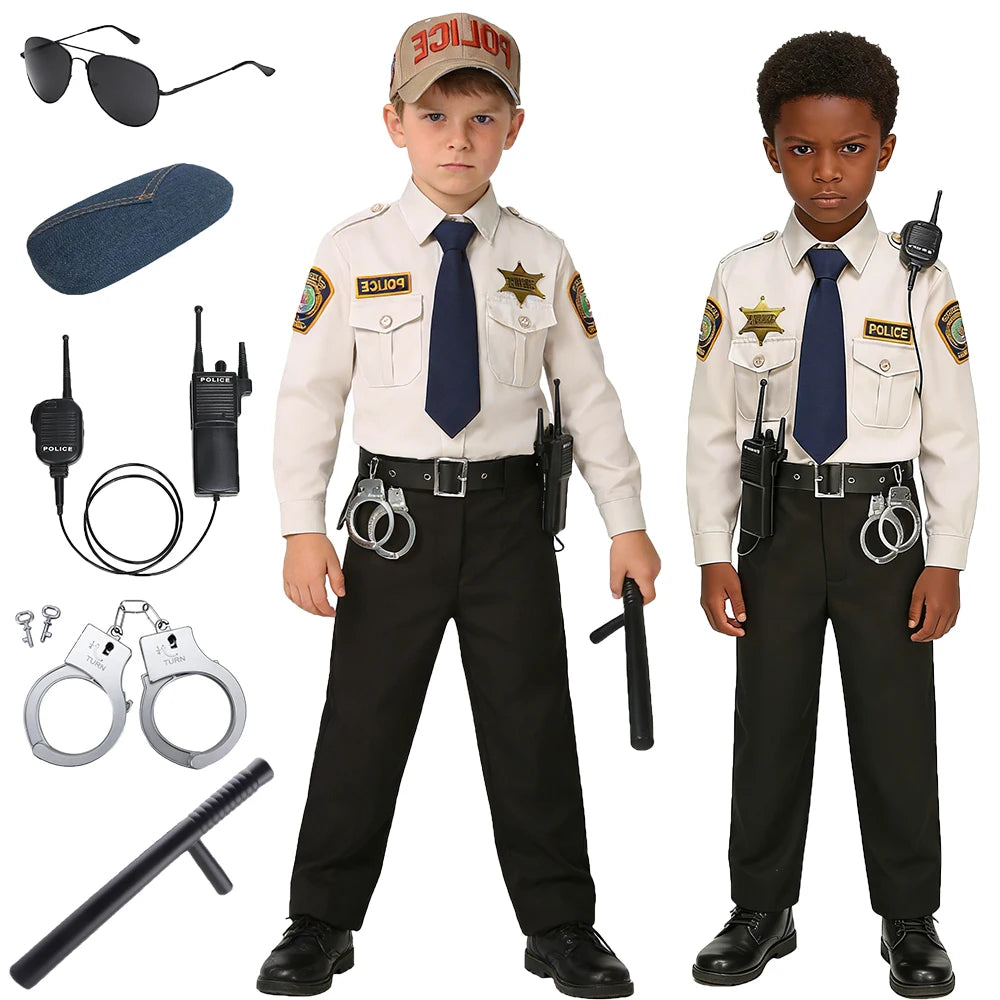 Kids Police Costume Set two boys modeling uniforms beside additional radio, eyewear, handcuff, and baton props.