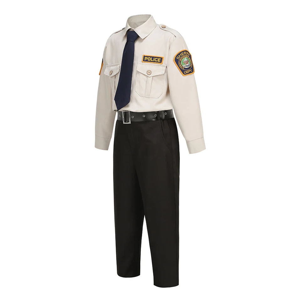 Kids Police Costume Set angled uniform display highlighting the sleeve patch, chest pockets, and navy tie.