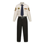Kids Police Costume Set front display of the beige shirt, navy tie, black pants, belt, and star badge.
