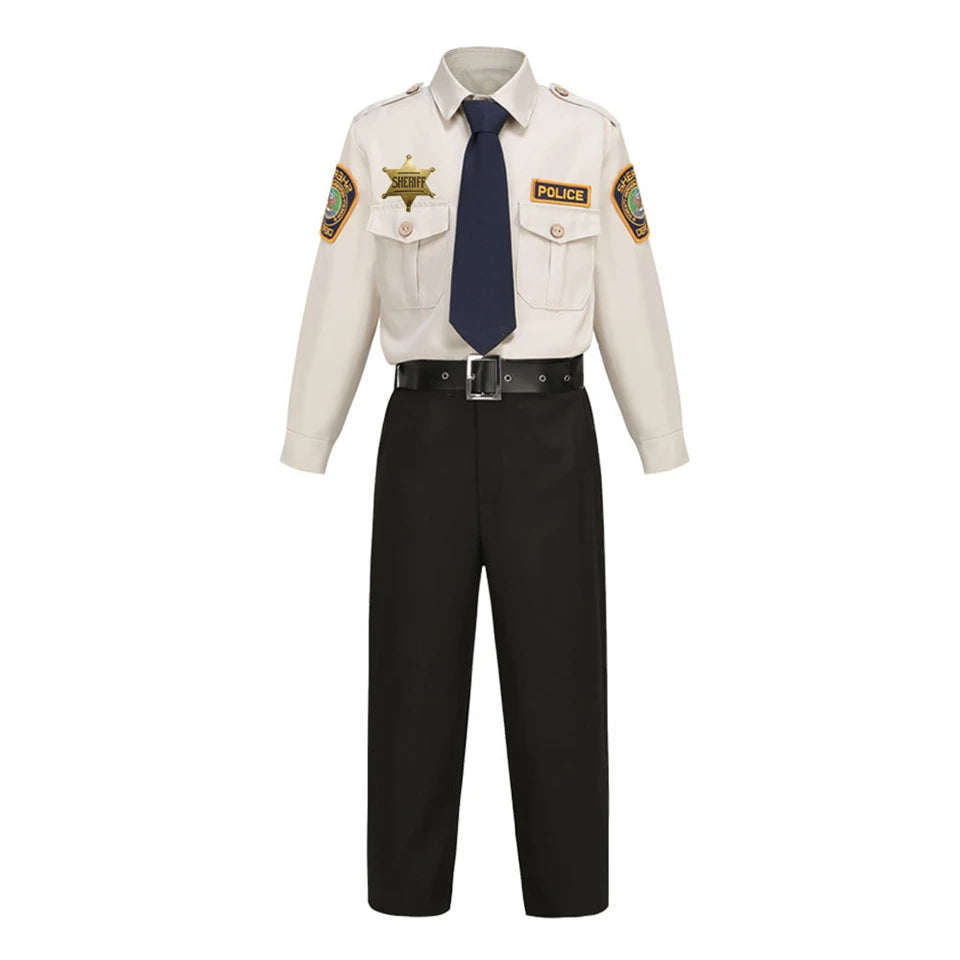 Kids Police Costume Set front display of the beige shirt, navy tie, black pants, belt, and star badge.