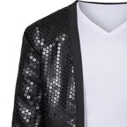 Kids Pop Star Costume close-up of black jacket sequins, contrasting lapel trim and white V-neck layer.