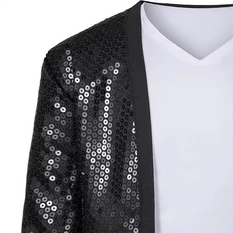 Kids Pop Star Costume close-up of black jacket sequins, contrasting lapel trim and white V-neck layer.