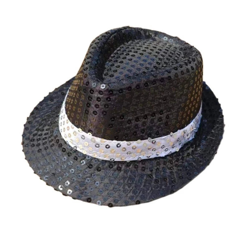 Kids Pop Star Costume black costume hat at a front angle, showing the sequined brim and silver-colored band.