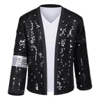Kids Pop Star Costume black sequined jacket front with white V-neck layer and a silver-colored sleeve band.