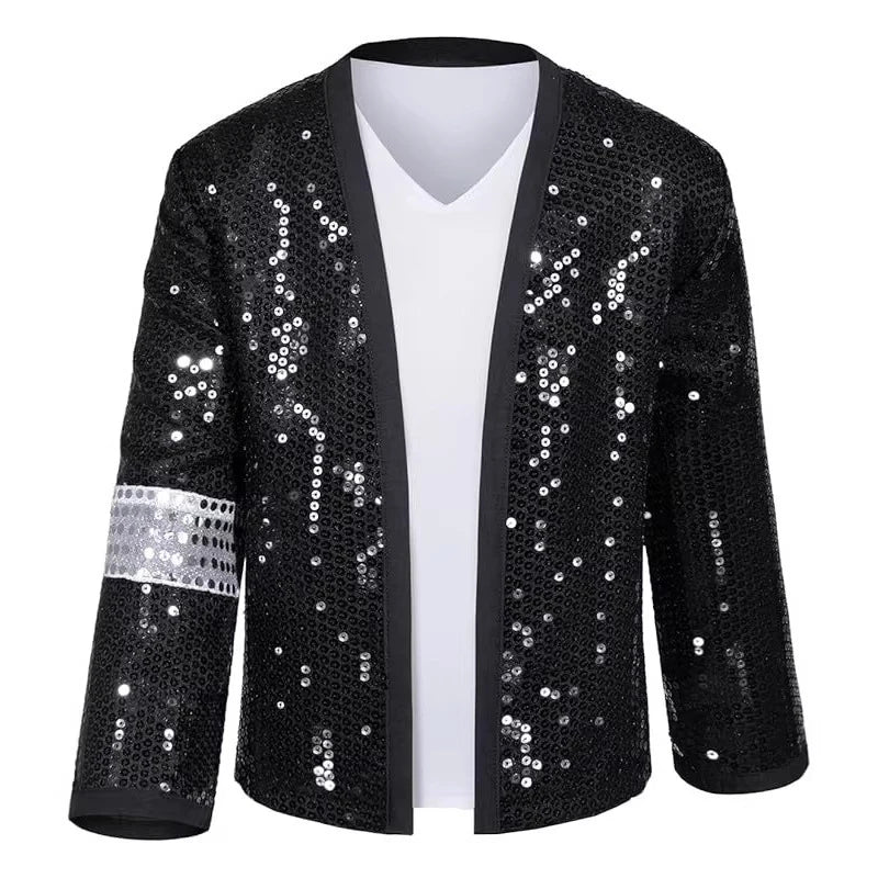 Kids Pop Star Costume black sequined jacket front with white V-neck layer and a silver-colored sleeve band.
