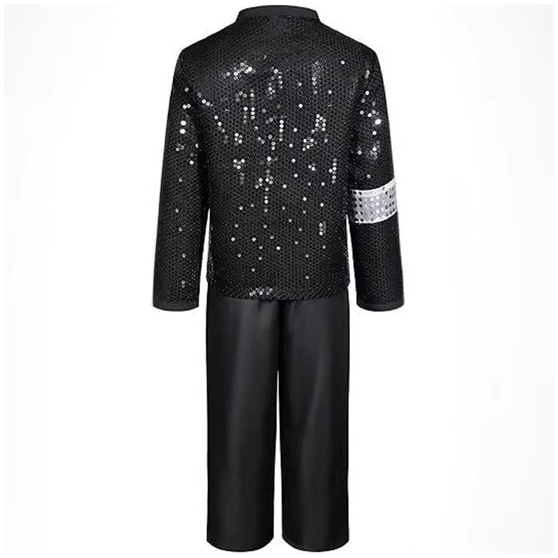 Kids Pop Star Costume black sequined jacket and matching costume bottoms shown from the back on white.
