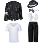 Kids Pop Star Costume Black Set with sequined jacket, white shirt, black bottoms, hat, glasses and gloves.