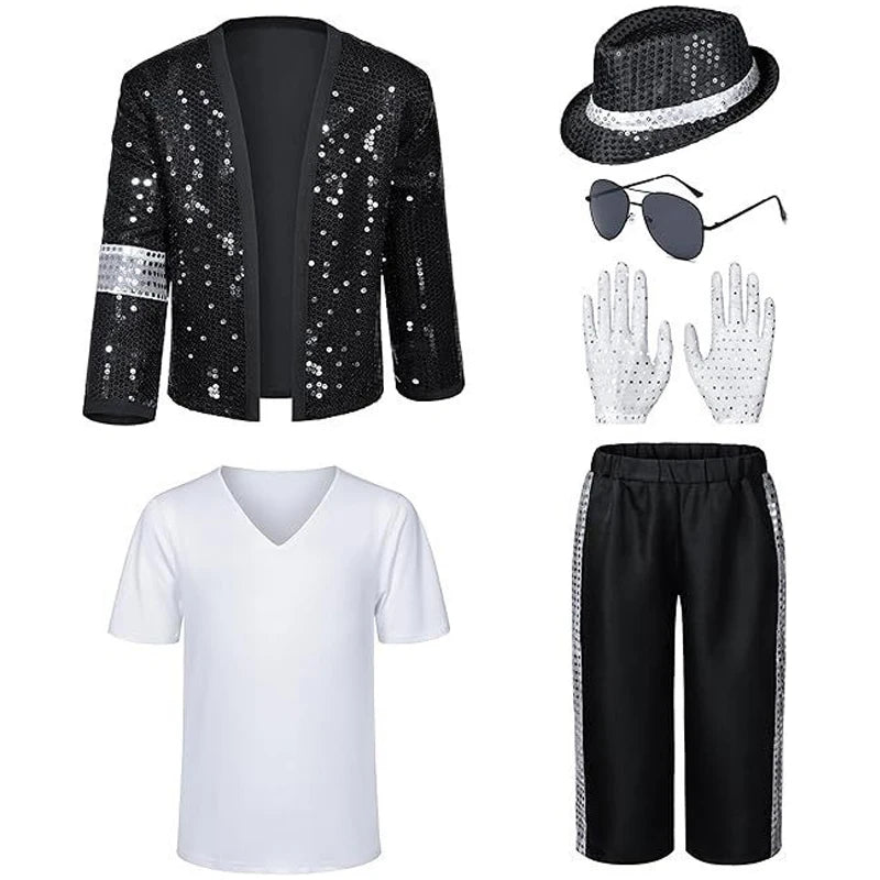 Kids Pop Star Costume Black Set with sequined jacket, white shirt, black bottoms, hat, glasses and gloves.