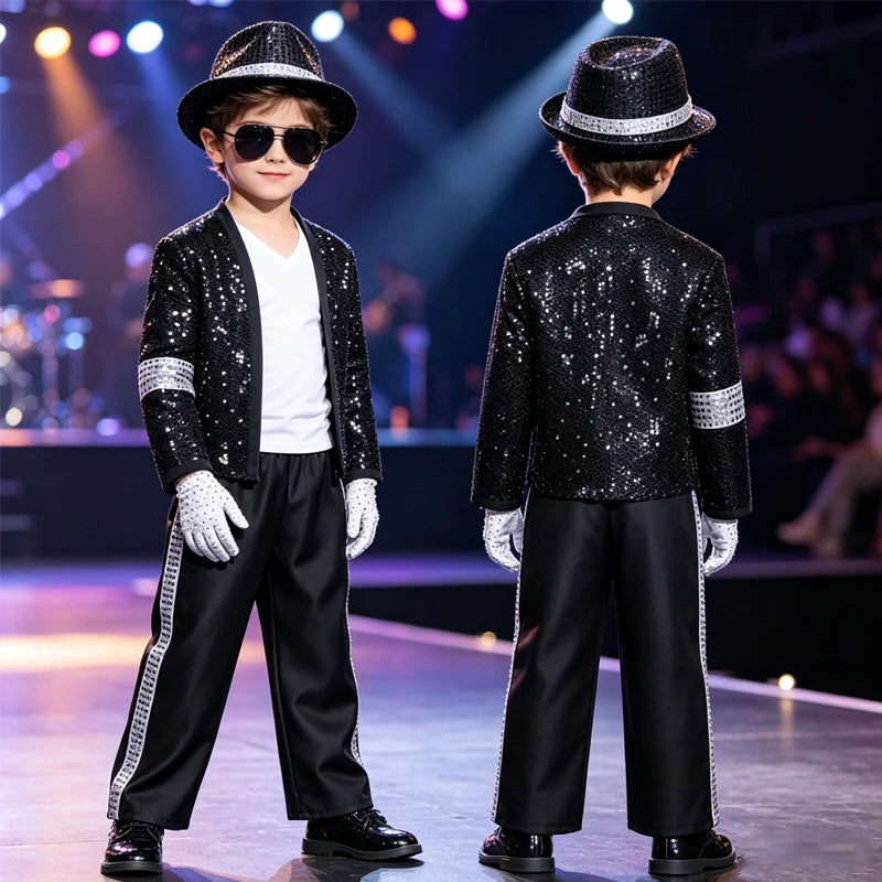 Kids Pop Star Costume Black Set shown from the front and back on a stage, with striped bottoms and gloves.