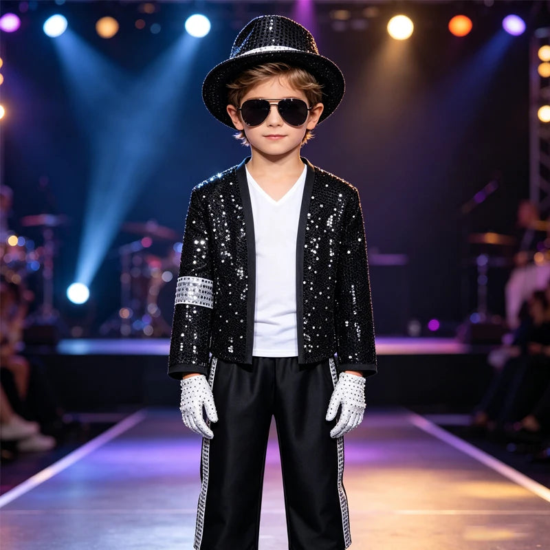 Kids Pop Star Costume Black Set worn by a child facing forward on stage with costume hat and sunglasses.