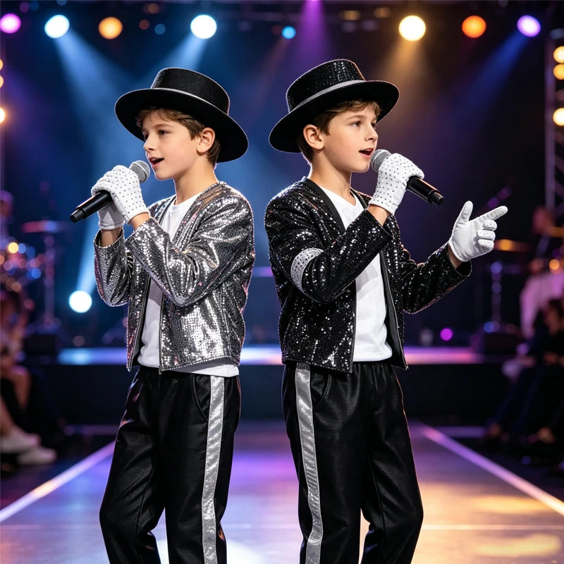 Kids Pop Star Costume silver and black looks worn by two children holding microphones on a colorful stage.