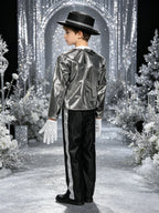 Kids Pop Star Costume Silver Set rear view showing the shiny jacket and silver stripes on black bottoms.