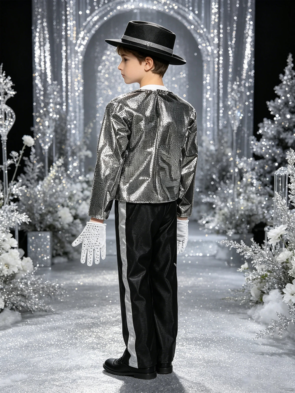 Kids Pop Star Costume Silver Set rear view showing the shiny jacket and silver stripes on black bottoms.