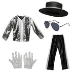Kids Pop Star Costume Silver Set with shiny top, black bottoms, hat, sunglasses and decorative gloves on white.