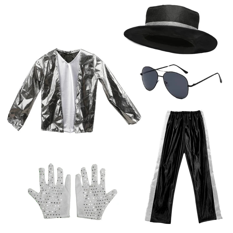 Kids Pop Star Costume Silver Set with shiny top, black bottoms, hat, sunglasses and decorative gloves on white.