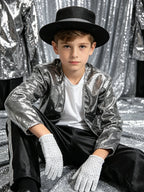 Kids Pop Star Costume Silver Set worn by a seated child against a shimmering silver backdrop.