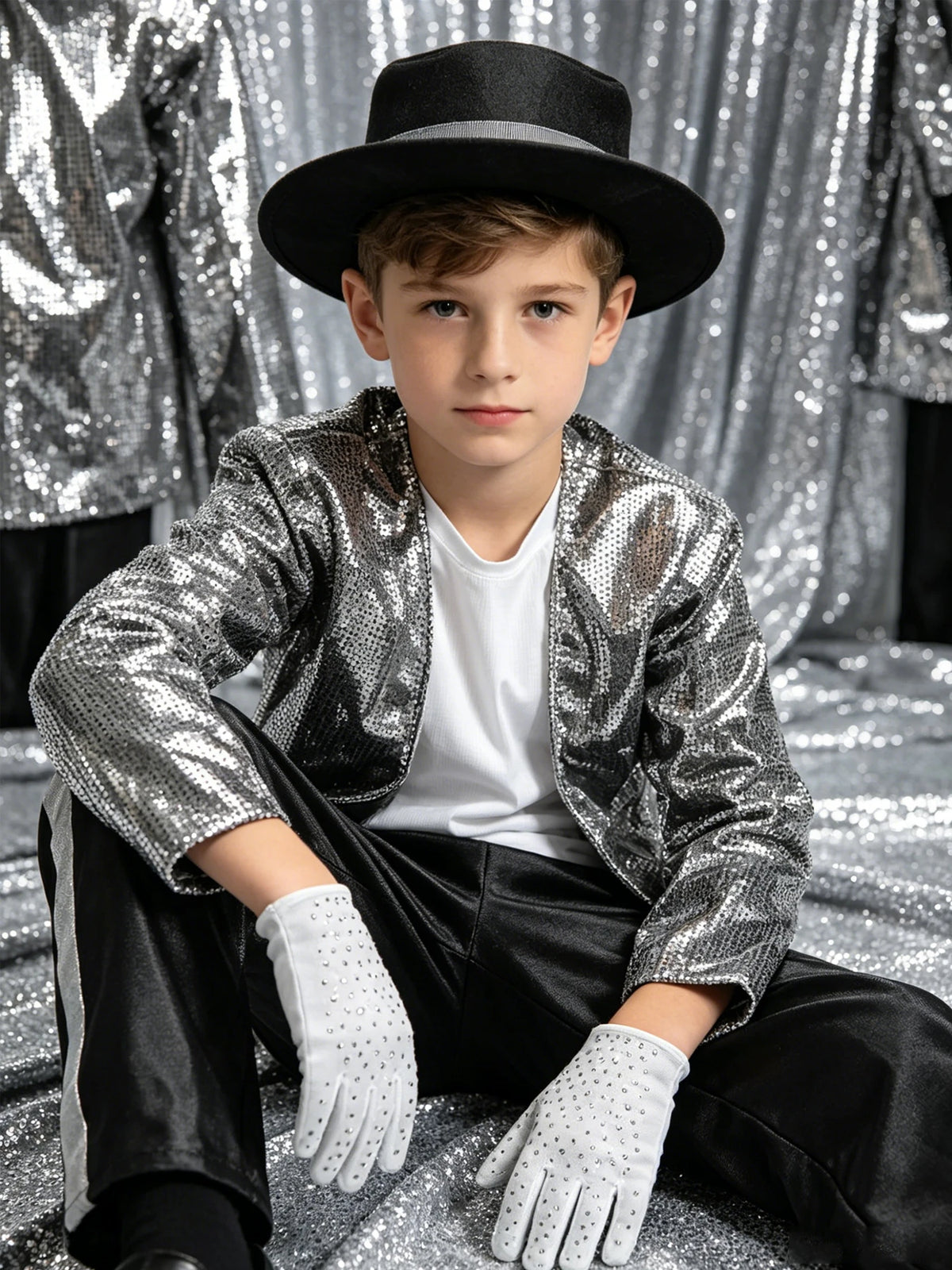 Kids Pop Star Costume Silver Set worn by a seated child against a shimmering silver backdrop.