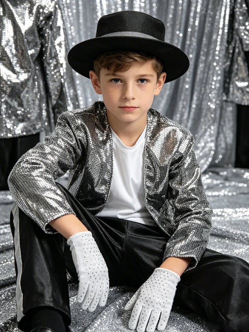 Kids Pop Star Costume Silver Set worn by a seated child against a shimmering silver backdrop.