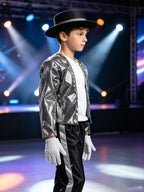 Kids Pop Star Costume Silver Set worn by a child in side view under stage lights, with hat and gloves.