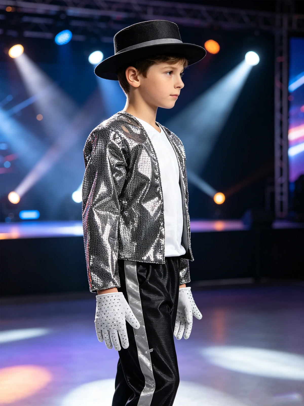 Kids Pop Star Costume Silver Set worn by a child in side view under stage lights, with hat and gloves.