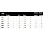 Kids Pop Star Costume supplier size chart showing centimeter height, bust, waist, top and bottom lengths.