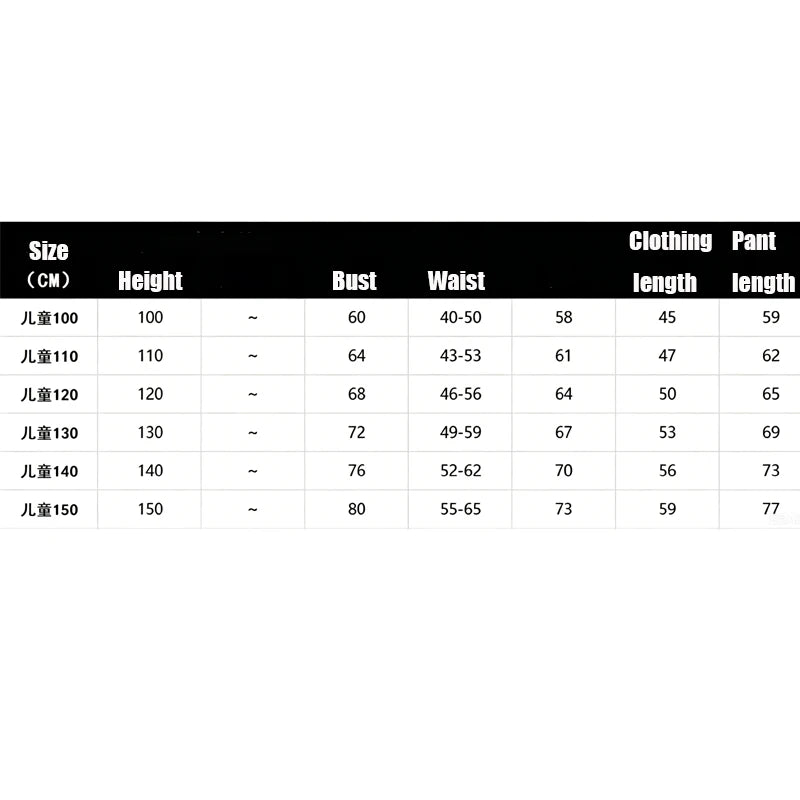 Kids Pop Star Costume supplier size chart showing centimeter height, bust, waist, top and bottom lengths.