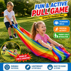 Kids Rainbow Pull Game Mat supplier graphic with children pulling and sitting on the mat outdoors