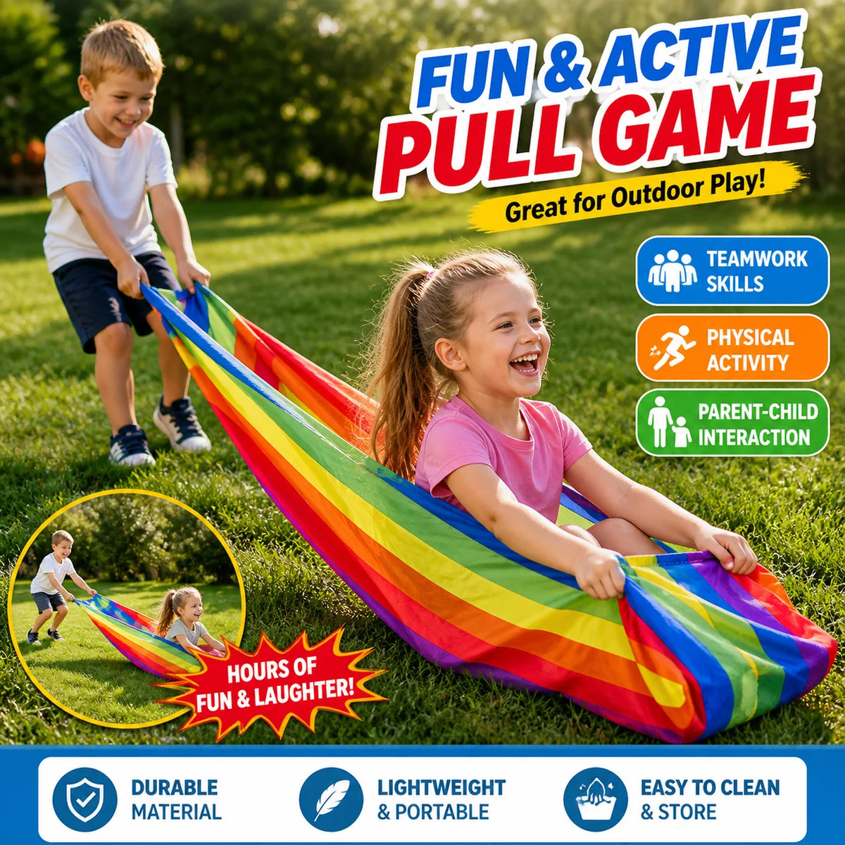 Kids Rainbow Pull Game Mat supplier graphic with children pulling and sitting on the mat outdoors