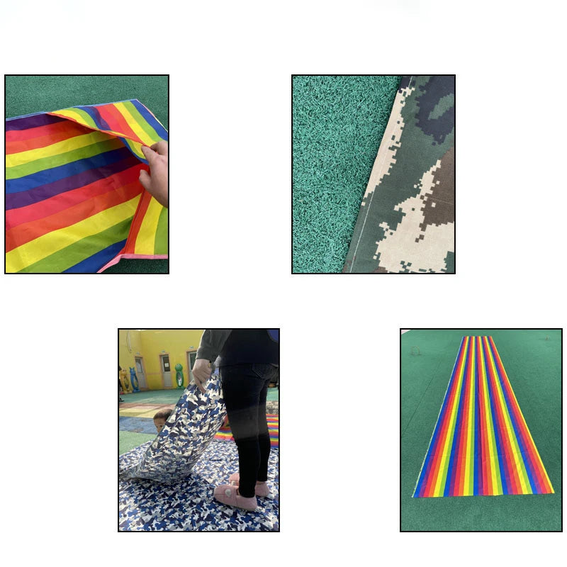 Kids Rainbow Pull Game Mat supplier collage with a rainbow pocket, camouflage fabric, and a long rainbow track