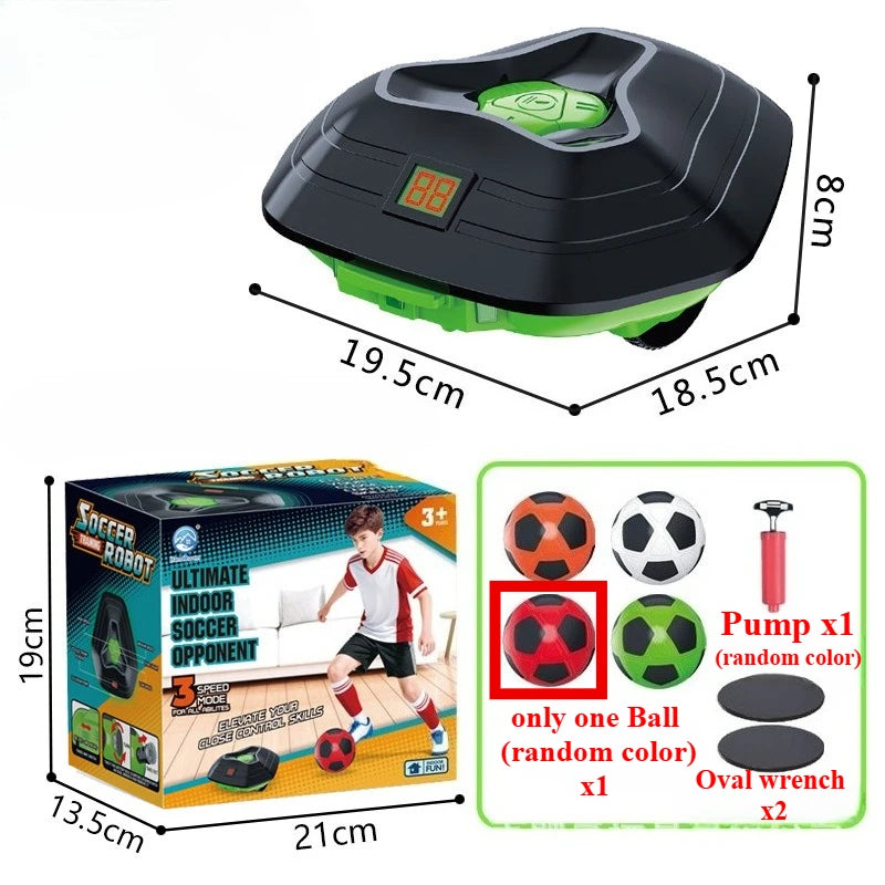 Kids Soccer Defender Robot dimensions, green full set, packaging, random-color ball, pump and two tools.