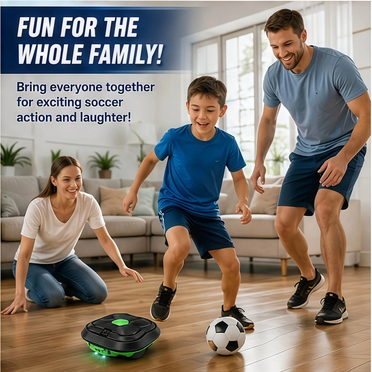 Kids Soccer Defender Robot with a child and parents playing soccer together in a living room.