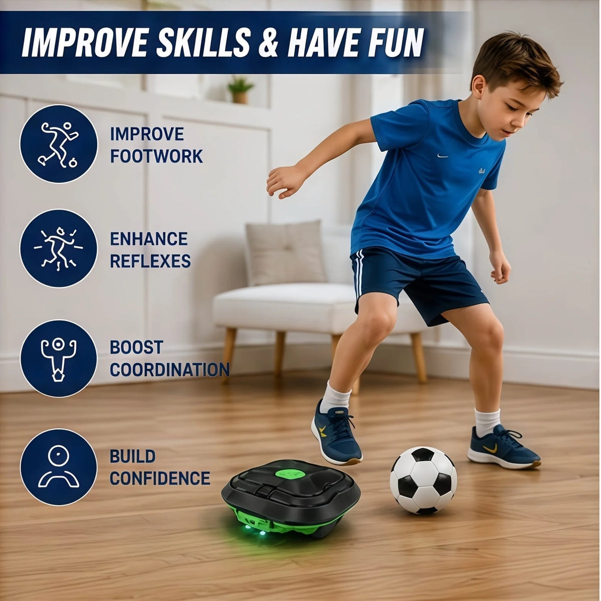 Kids Soccer Defender Robot beside a child practicing footwork with a soccer ball on a wood floor.