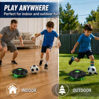 Kids Soccer Defender Robot shown in split indoor family-play and outdoor soccer scenes.