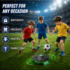 Kids Soccer Defender Robot party graphic with three children playing soccer beneath stadium lights.