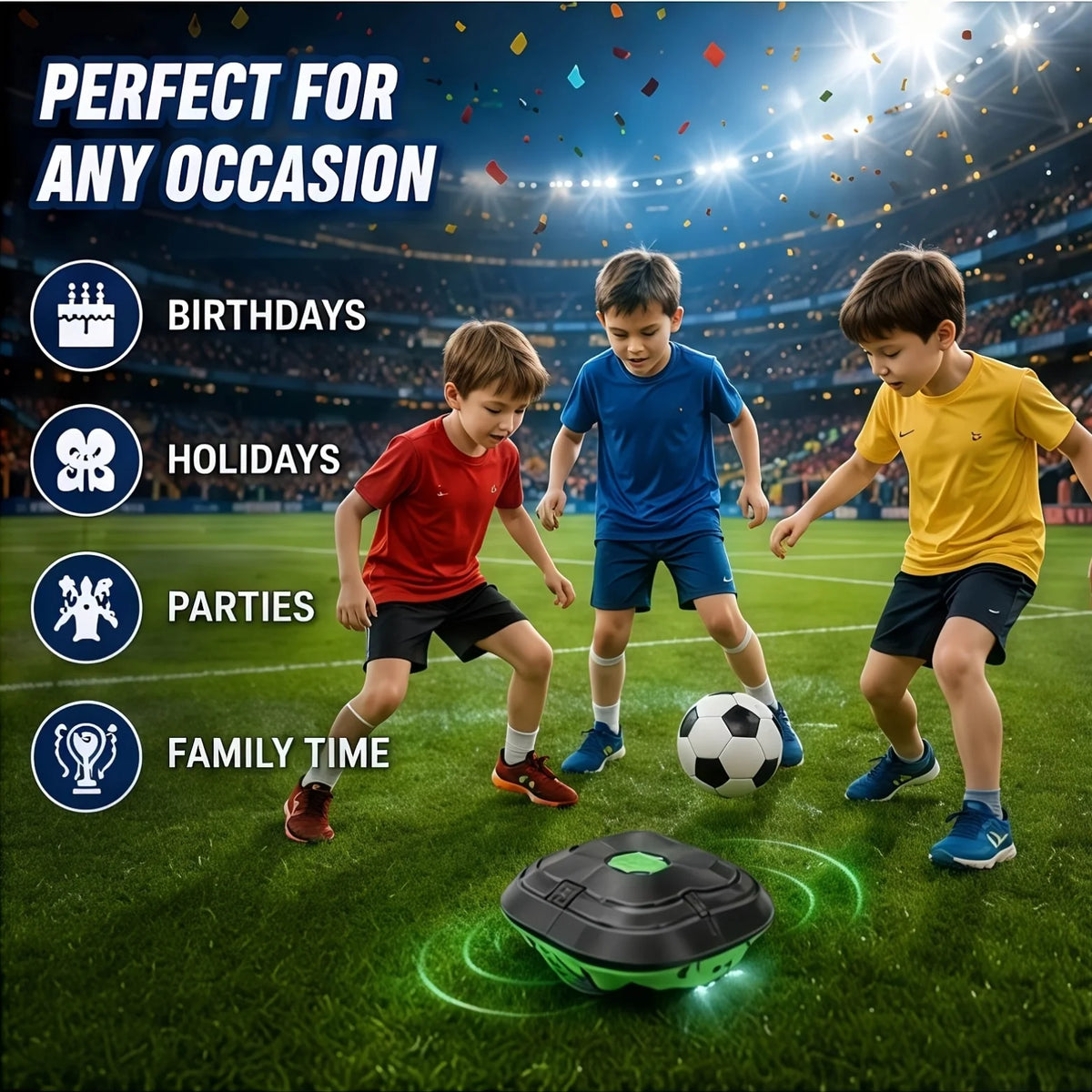 Kids Soccer Defender Robot party graphic with three children playing soccer beneath stadium lights.