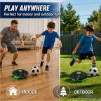 Kids Soccer Defender Robot in a two-panel graphic showing wood-floor play and a grass setting.