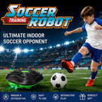 Kids Soccer Defender Robot promotional graphic showing a young player facing the green wheeled defender.