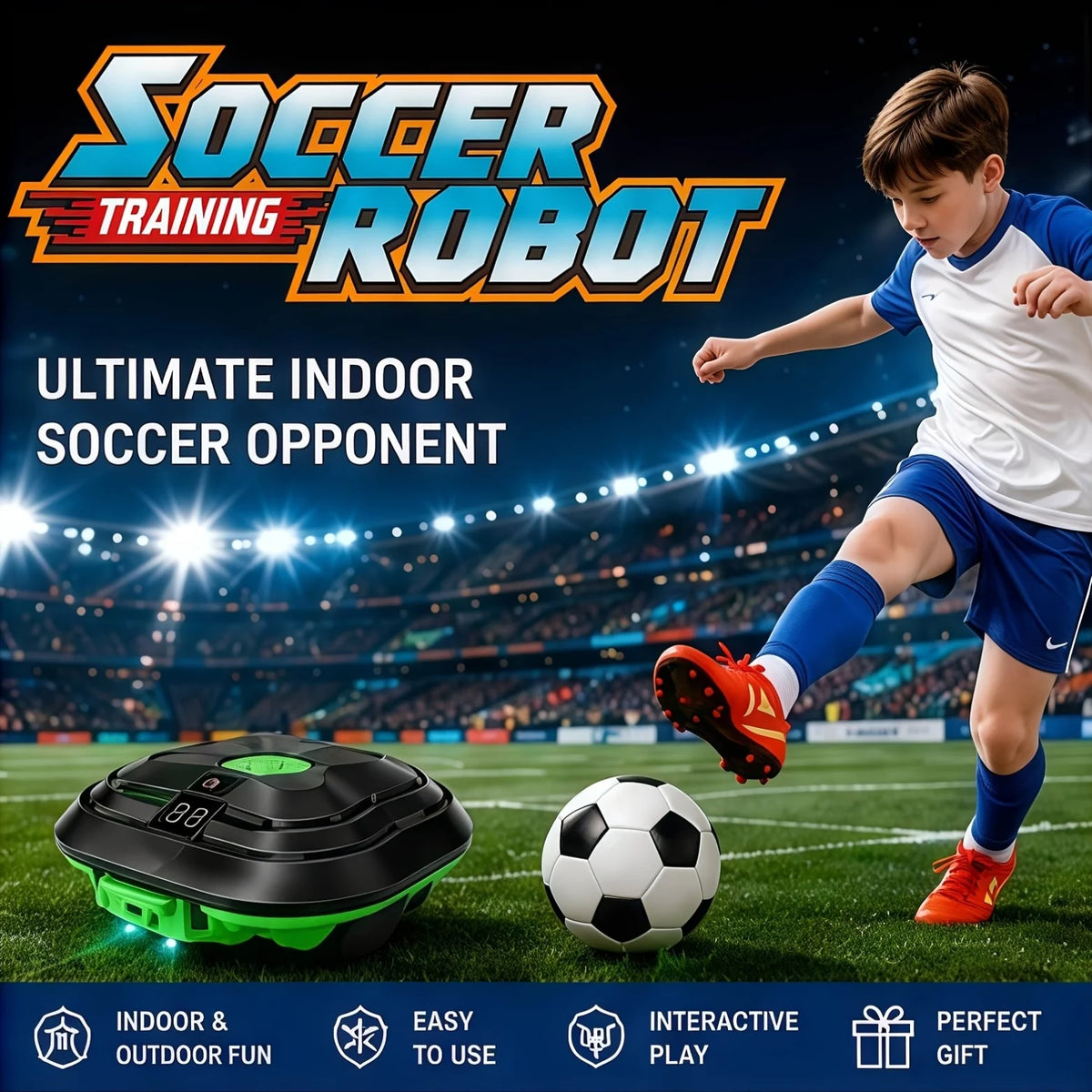 Kids Soccer Defender Robot in green beside a ball and a child in a blue soccer kit in a stadium graphic.