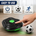 Kids Soccer Defender Robot close-up with a hand, soccer ball and illustrated three-step play guide.