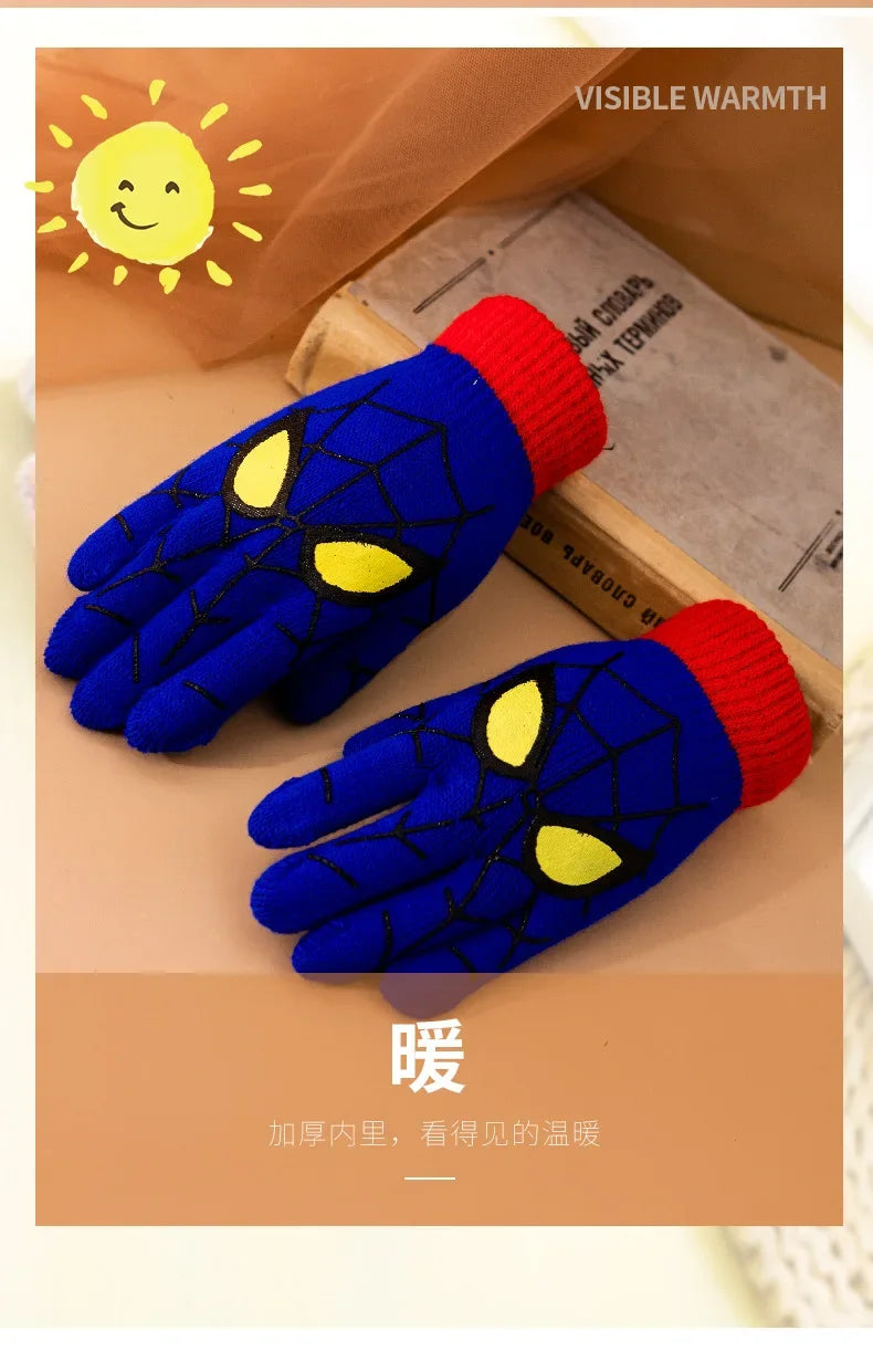Blue kids spider web gloves with red cuffs in a sun-themed promotional image.