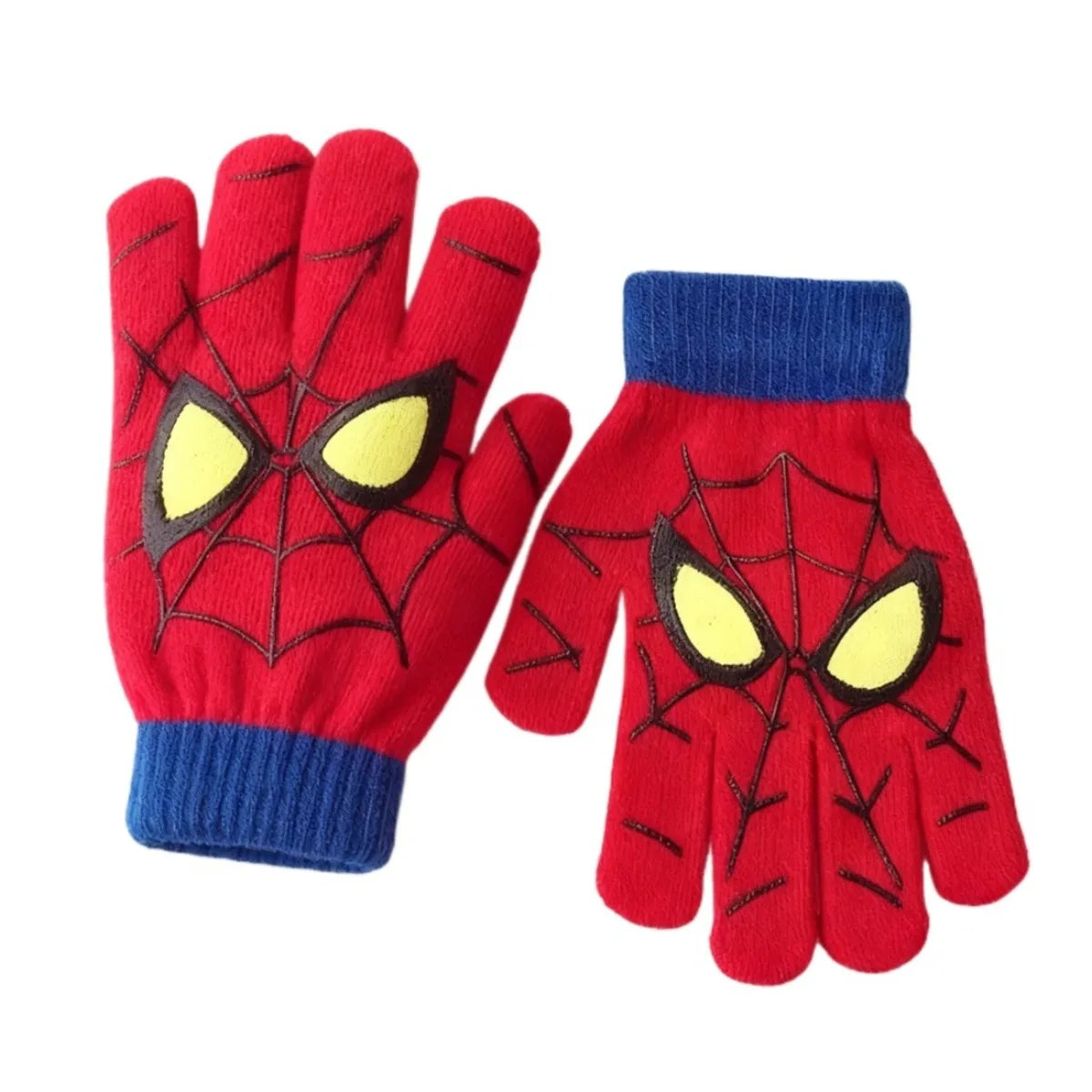 Red kids spider web gloves with blue cuffs arranged in opposite directions on a white background.