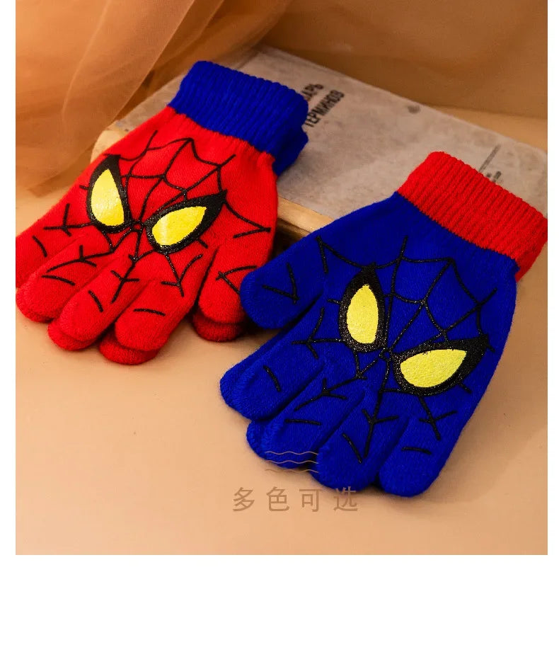 Red and blue kids spider web gloves shown side by side as color options.