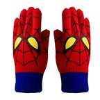 Red kids spider web gloves with blue cuffs shown upright side by side against a white background.