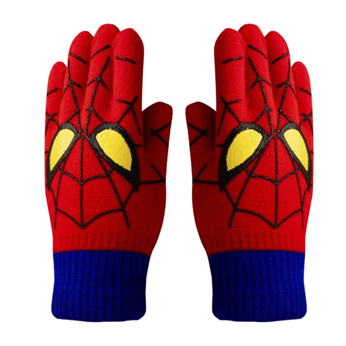 Red kids spider web gloves with blue cuffs shown upright side by side against a white background.