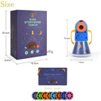 Kids Story Projector Lantern size diagram showing a 12.5 cm height, 7.5 cm width, storybook and eight discs.
