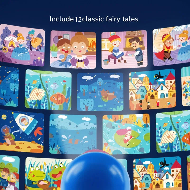 Kids Story Projector Lantern beneath a colorful fairy-tale collage with supplier text advertising 12 tales.