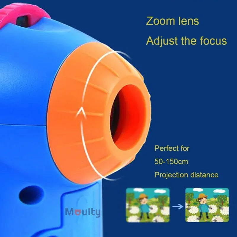 Kids Story Projector Lantern lens detail showing focus adjustment and a recommended 50–150 cm distance.