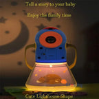 Kids Story Projector Lantern glowing in front view, with folded handles, story discs and a starry background.