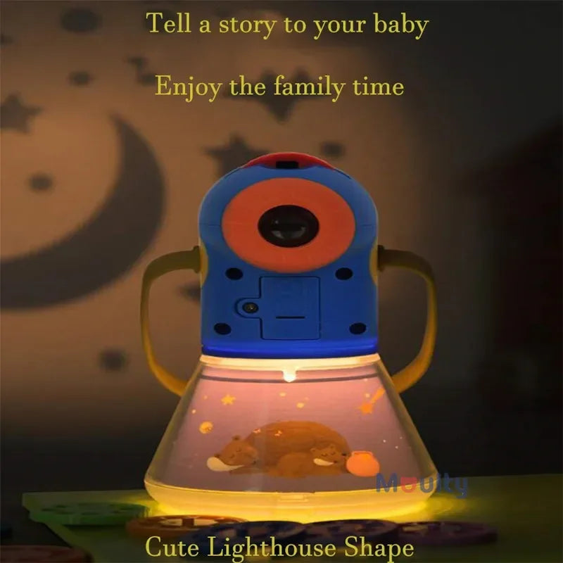 Kids Story Projector Lantern glowing in front view, with folded handles, story discs and a starry background.